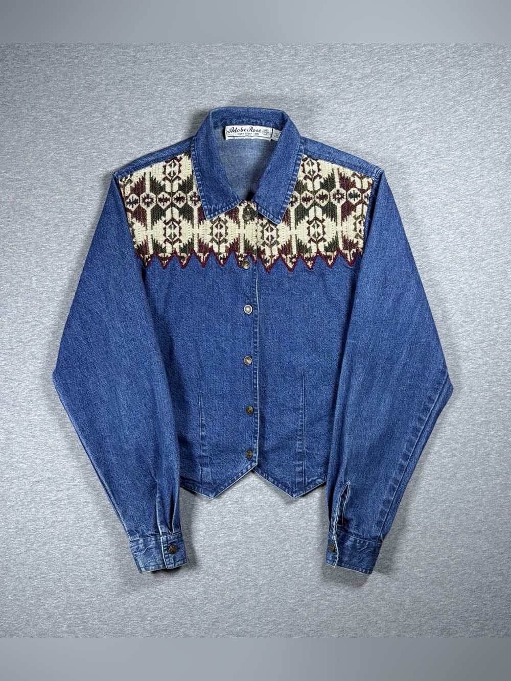 Vintage Western Denim Shirt Women’s MedAztec Tapestry Yoke Cropped Adobe Rose